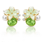 Green Floral Stud Earrings, Gold Tone with Crystal & Pearl Detail, 1 Pair