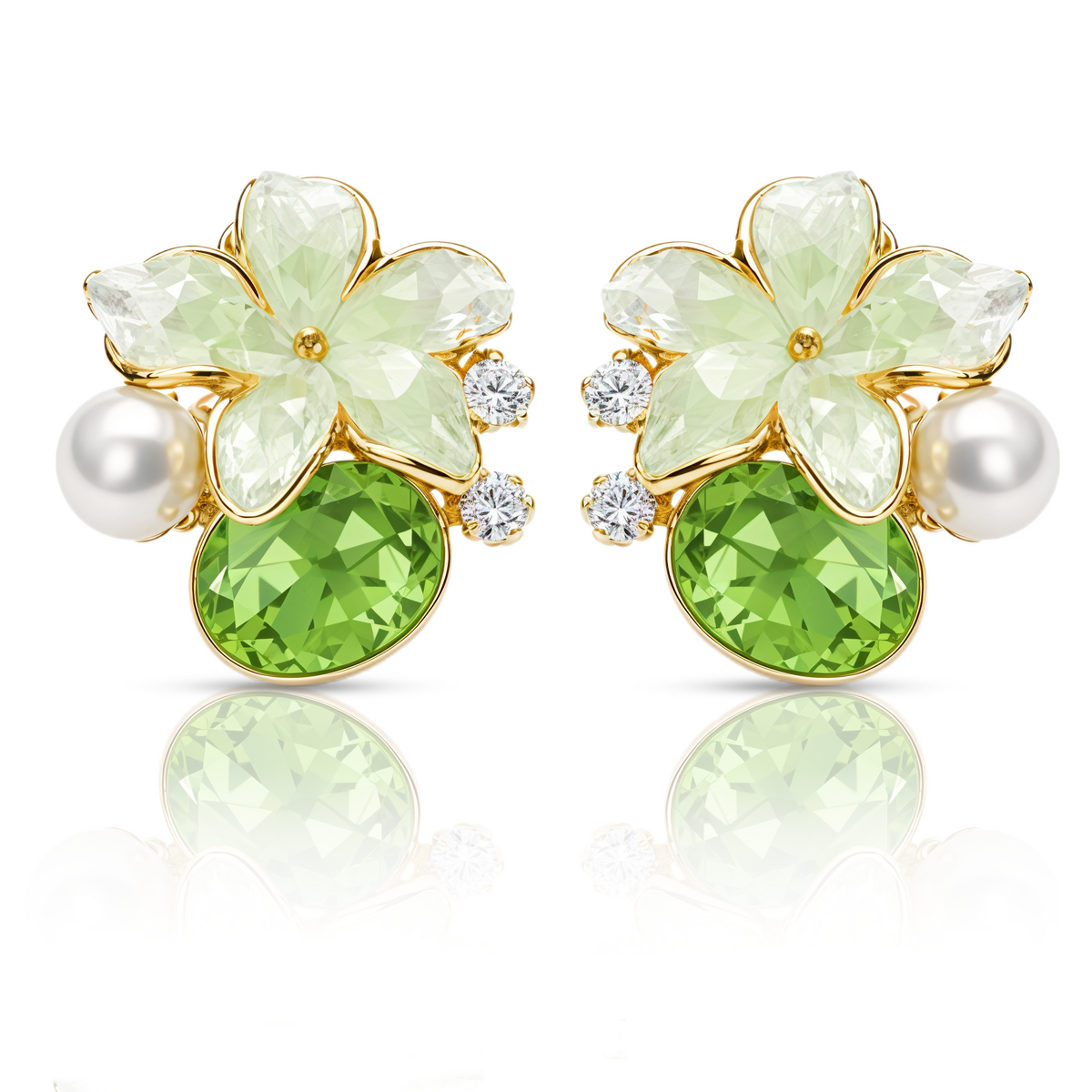 Green Floral Stud Earrings, Gold Tone with Crystal & Pearl Detail, 1 Pair