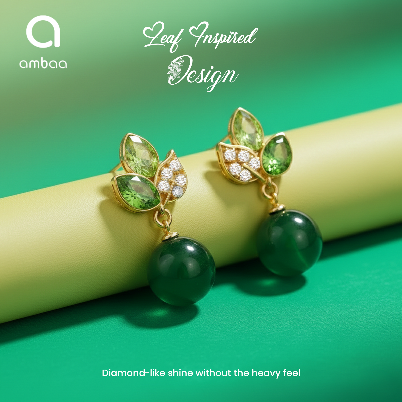 Green Leaf Drop Earrings, Gold Tone with Crystal & Pearl Detail, 1 Pair