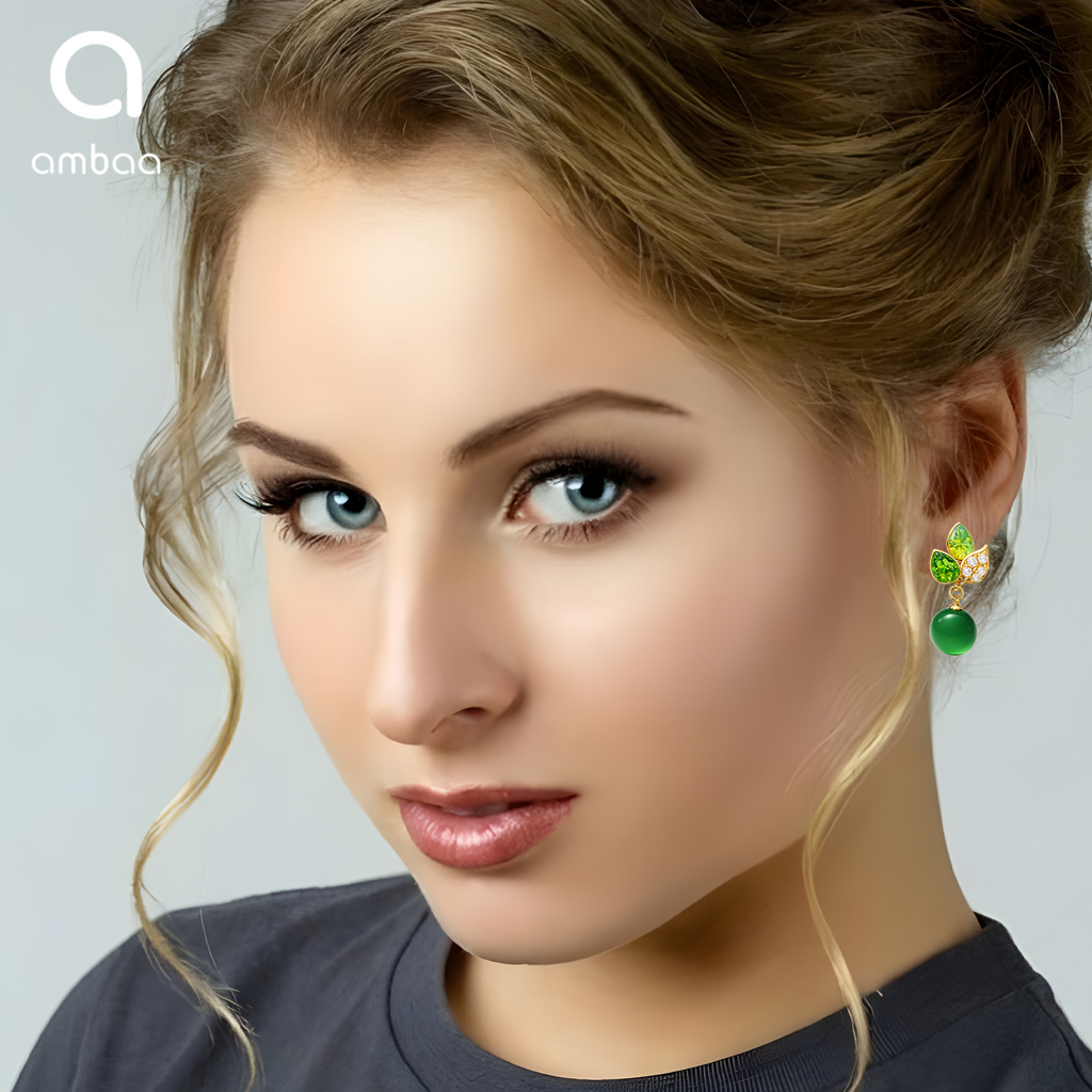 Green Leaf Drop Earrings, Gold Tone with Crystal & Pearl Detail, 1 Pair