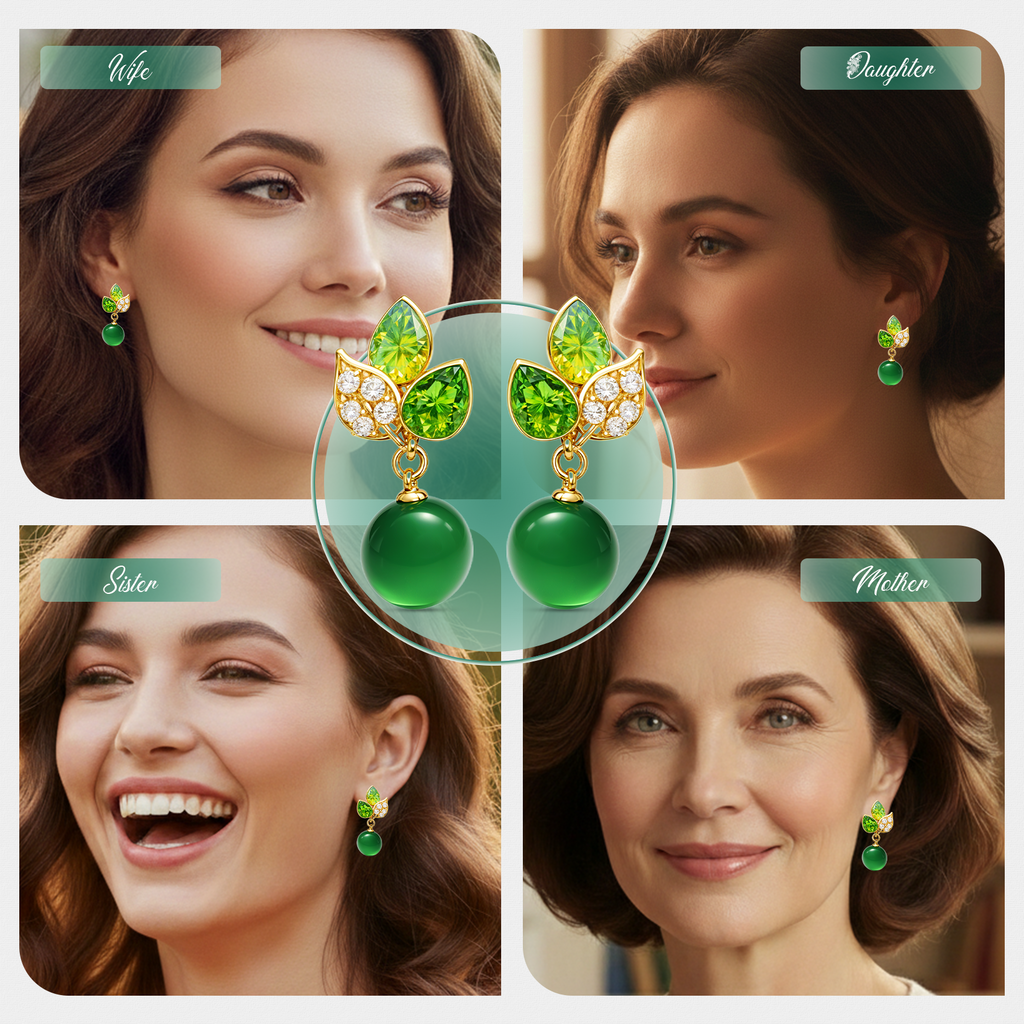 Green Leaf Drop Earrings, Gold Tone with Crystal & Pearl Detail, 1 Pair