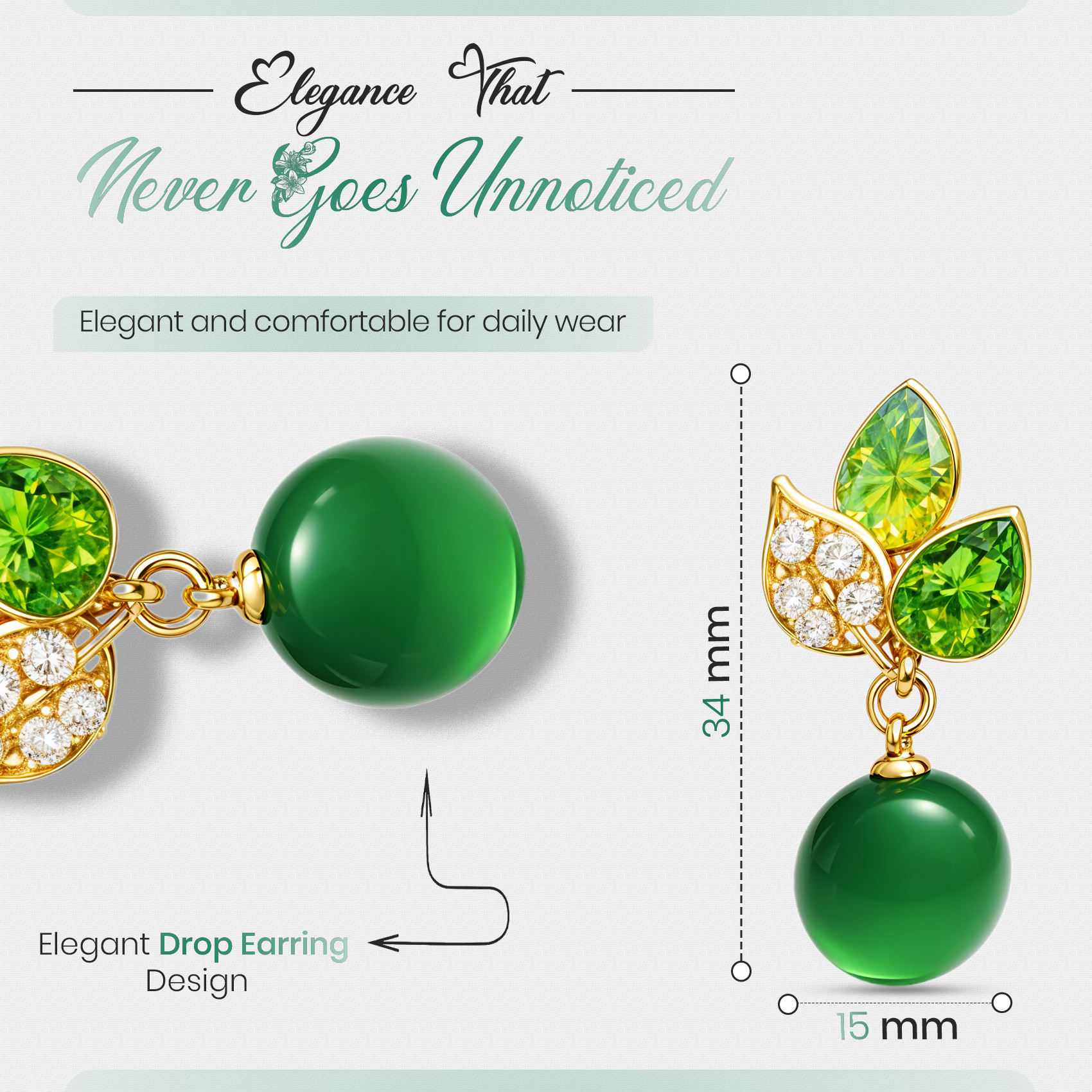 Green Leaf Drop Earrings, Gold Tone with Crystal & Pearl Detail, 1 Pair