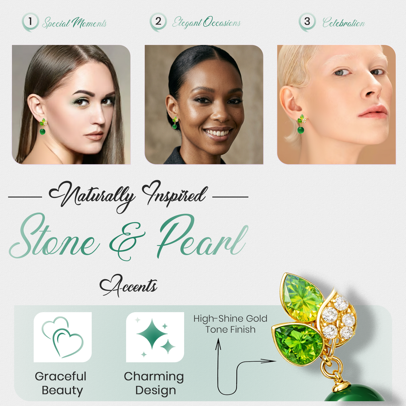 Green Leaf Drop Earrings, Gold Tone with Crystal & Pearl Detail, 1 Pair