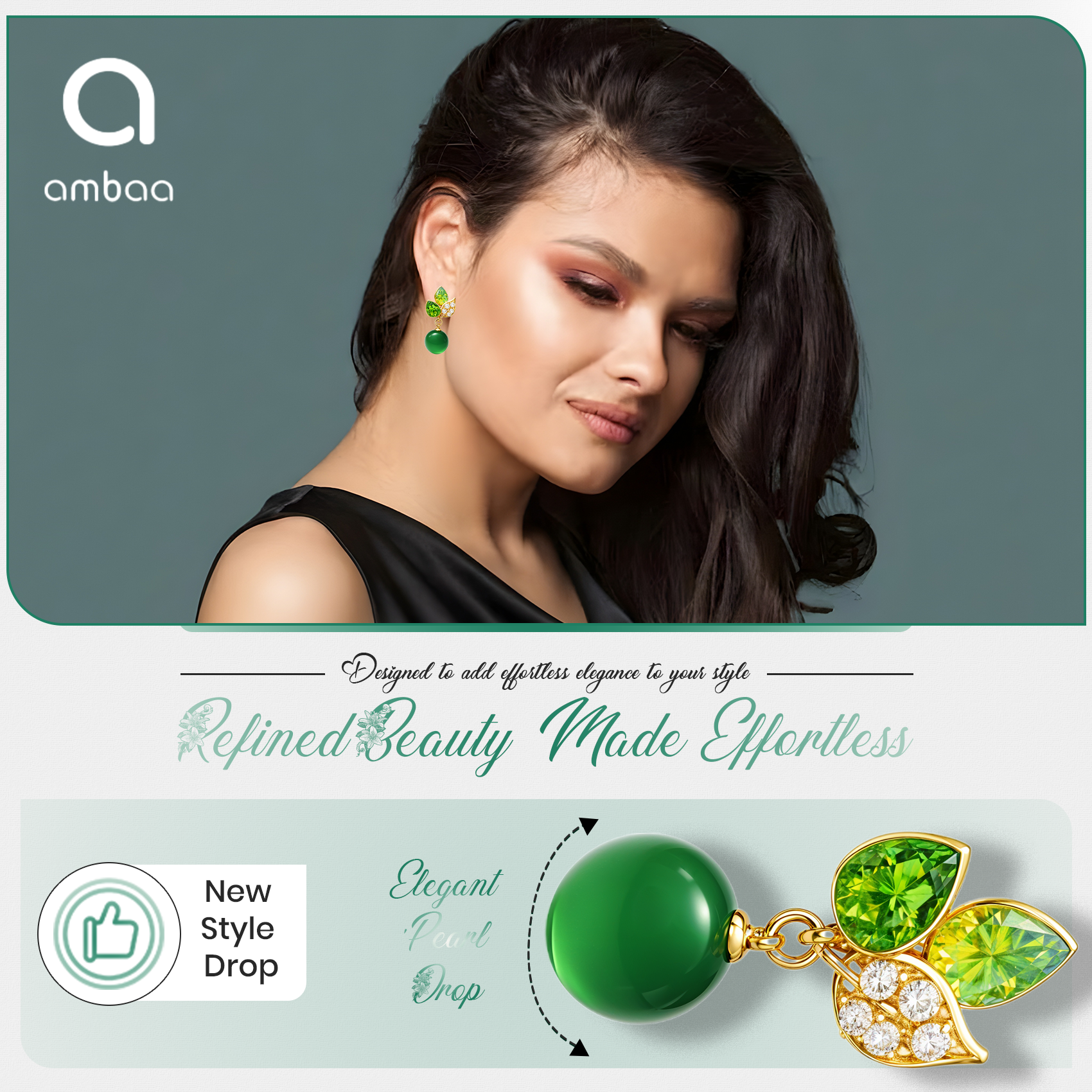 Green Leaf Drop Earrings, Gold Tone with Crystal & Pearl Detail, 1 Pair