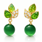 Green Leaf Drop Earrings, Gold Tone with Crystal & Pearl Detail, 1 Pair