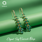 Green Leaf Cascade Earrings, Long Gold Tone Crystal Dangle, 1 Pair