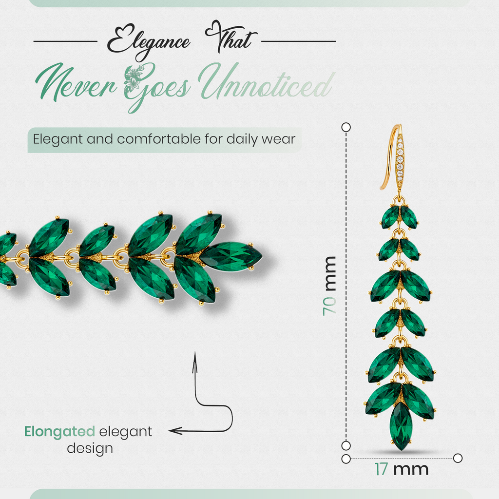 Green Leaf Cascade Earrings, Long Gold Tone Crystal Dangle, 1 Pair