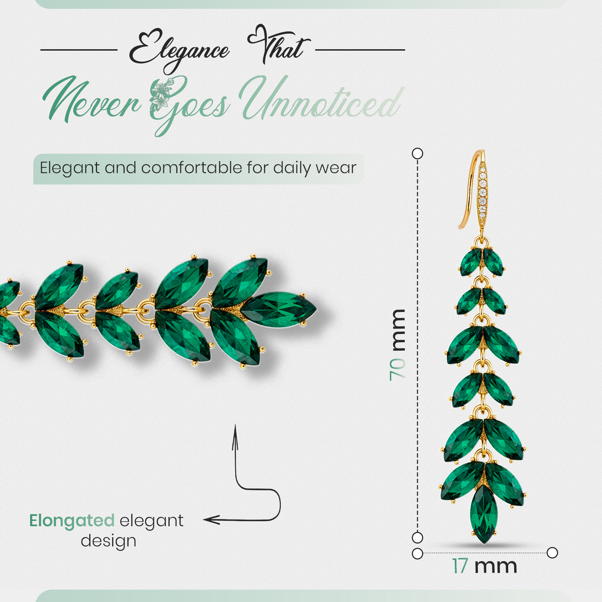 Green Leaf Cascade Earrings, Long Gold Tone Crystal Dangle, 1 Pair