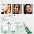 Green Leaf Cascade Earrings, Long Gold Tone Crystal Dangle, 1 Pair