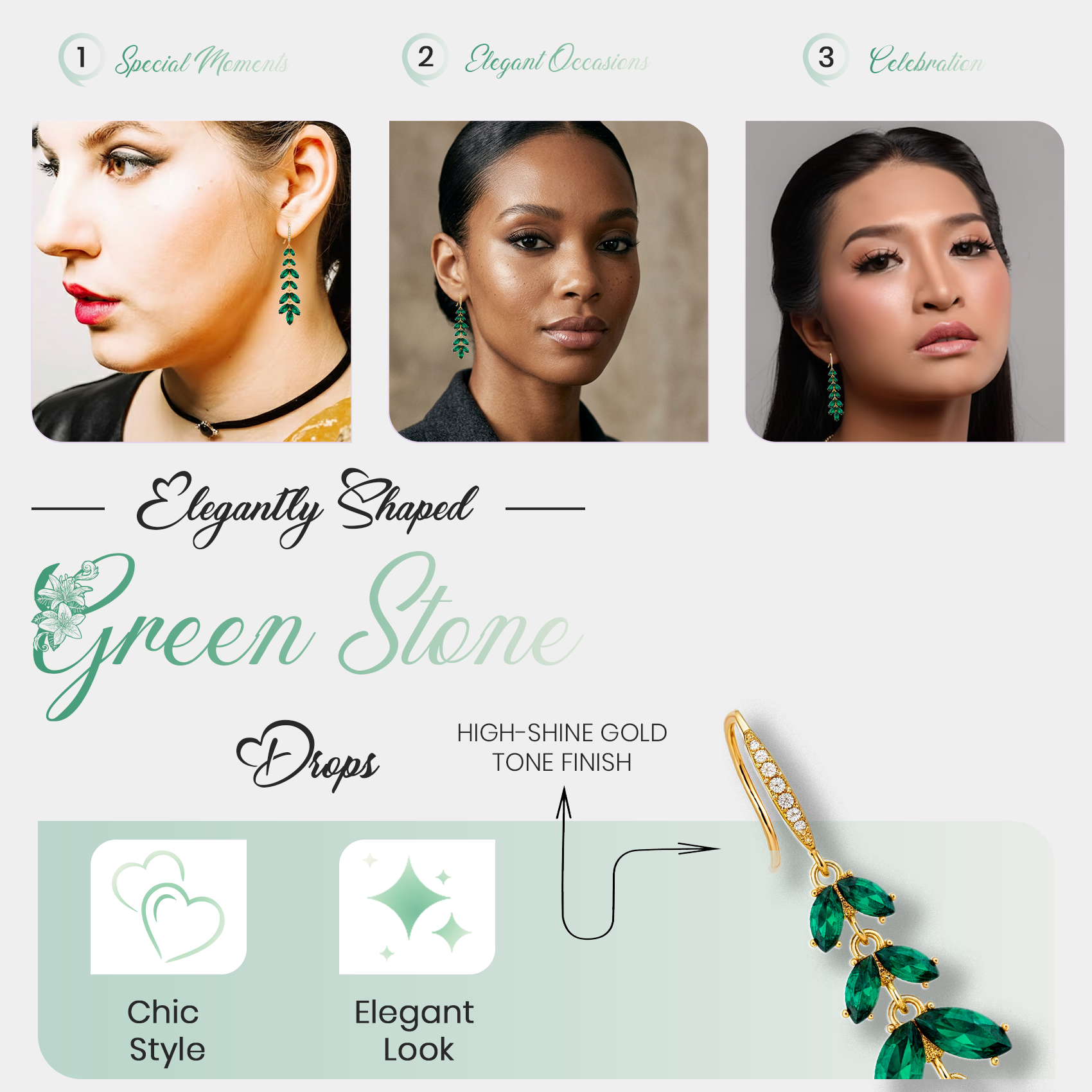Green Leaf Cascade Earrings, Long Gold Tone Crystal Dangle, 1 Pair