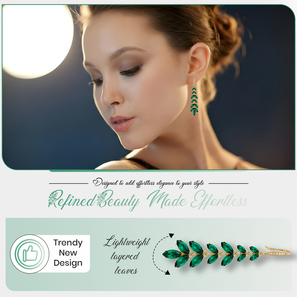 Green Leaf Cascade Earrings, Long Gold Tone Crystal Dangle, 1 Pair