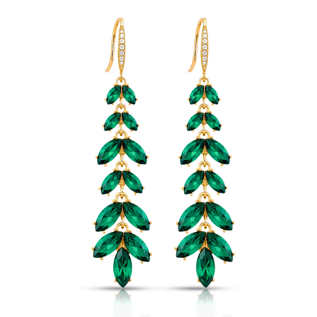Green Leaf Cascade Earrings, Long Gold Tone Crystal Dangle, 1 Pair