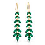 Green Leaf Cascade Earrings, Long Gold Tone Crystal Dangle, 1 Pair