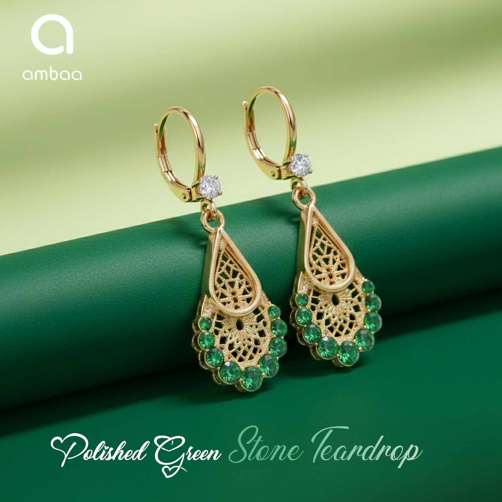 Green Teardrop Stone Earrings, Gold Tone Filigree Drop, 1 Pair