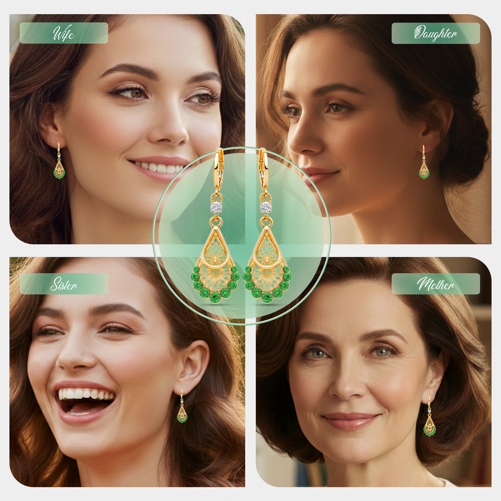Green Teardrop Stone Earrings, Gold Tone Filigree Drop, 1 Pair