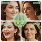 Green Teardrop Stone Earrings, Gold Tone Filigree Drop, 1 Pair