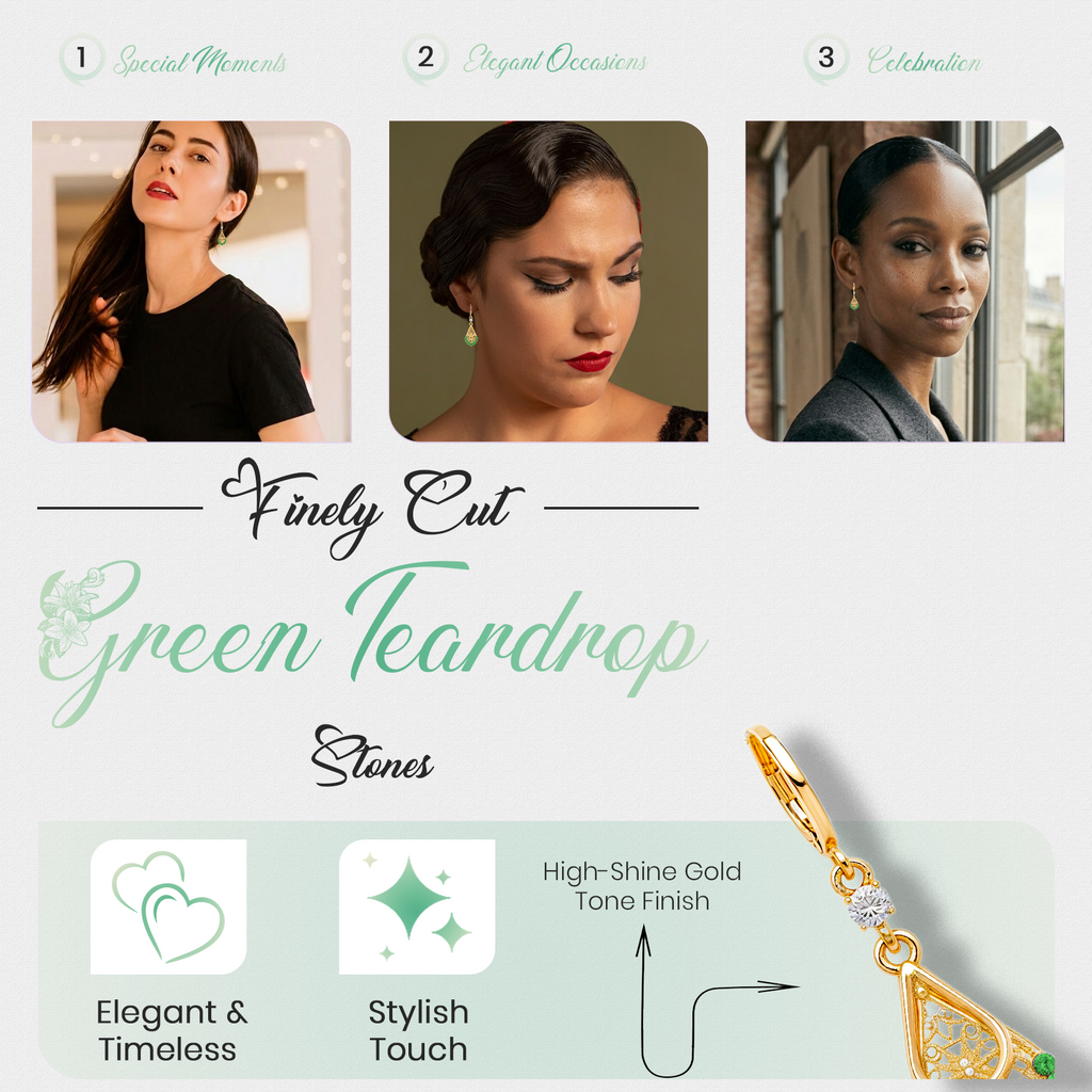 Green Teardrop Stone Earrings, Gold Tone Filigree Drop, 1 Pair