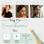 Green Teardrop Stone Earrings, Gold Tone Filigree Drop, 1 Pair