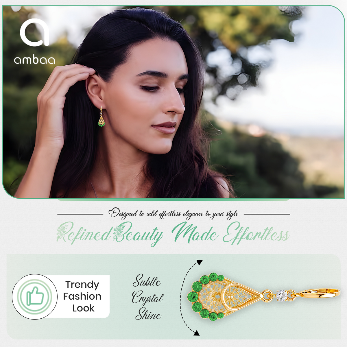 Green Teardrop Stone Earrings, Gold Tone Filigree Drop, 1 Pair