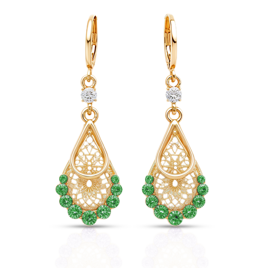 Green Teardrop Stone Earrings, Gold Tone Filigree Drop, 1 Pair