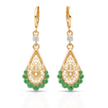 Green Teardrop Stone Earrings, Gold Tone Filigree Drop, 1 Pair