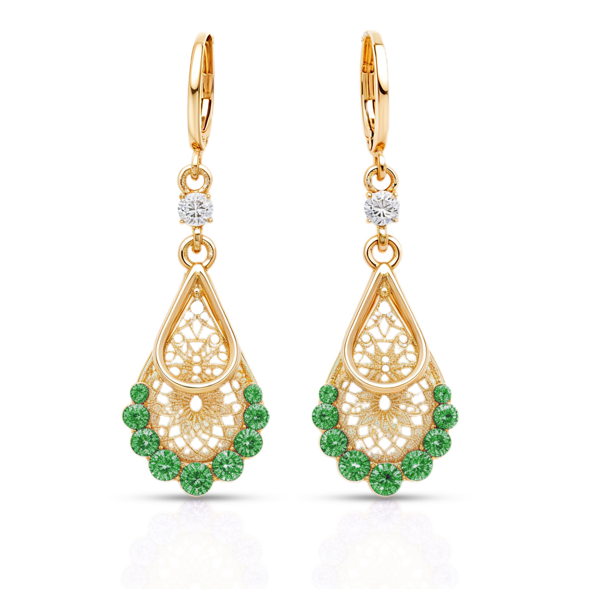 Green Teardrop Stone Earrings, Gold Tone Filigree Drop, 1 Pair