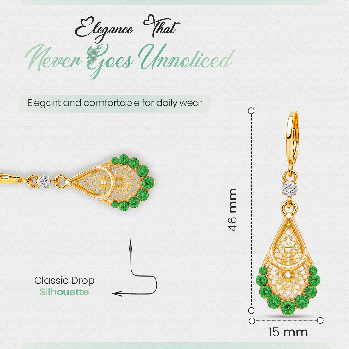 Green Teardrop Stone Earrings, Gold Tone Filigree Drop, 1 Pair