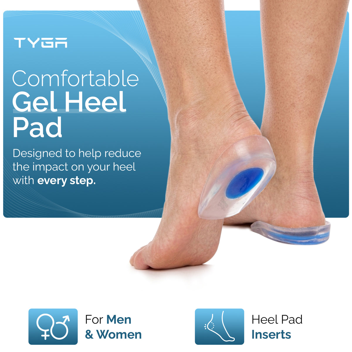 Silicone Gel Heel Cups, Reusable Cushion Inserts, Blue, 1 Pair