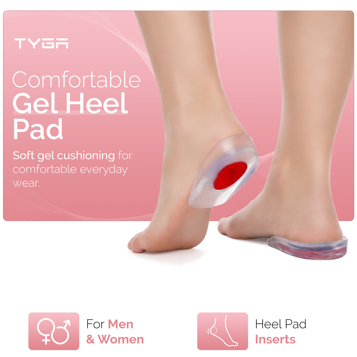Silicone Gel Heel Cups, Reusable Cushion Inserts, Red, 1 Pair