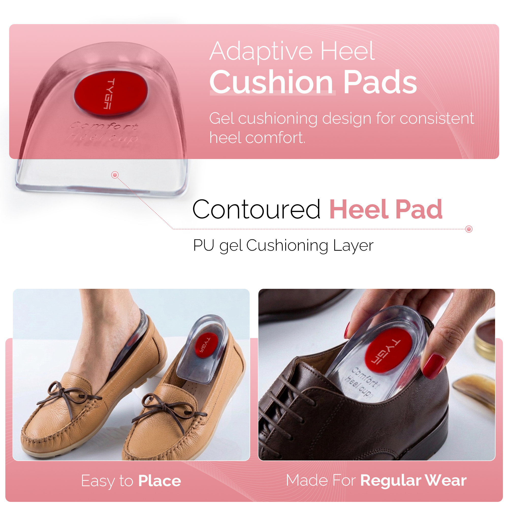 Silicone Gel Heel Cups, Reusable Cushion Inserts, Red, 1 Pair