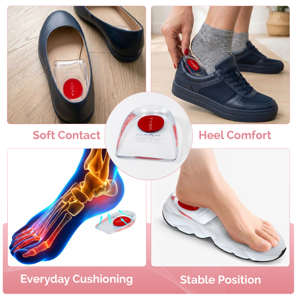 Silicone Gel Heel Cups, Reusable Cushion Inserts, Red, 1 Pair