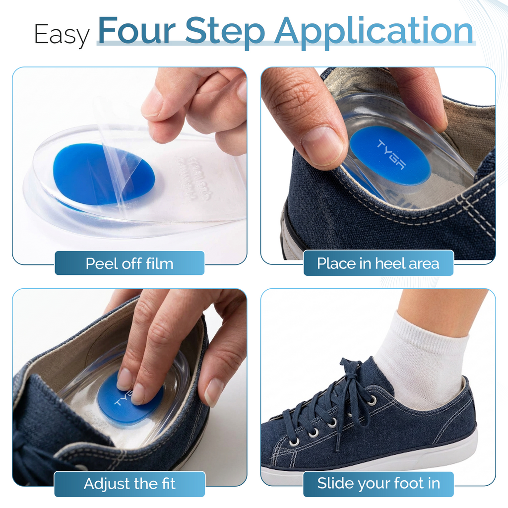 Blue gel heel cup being applied inside a shoe with clear backing