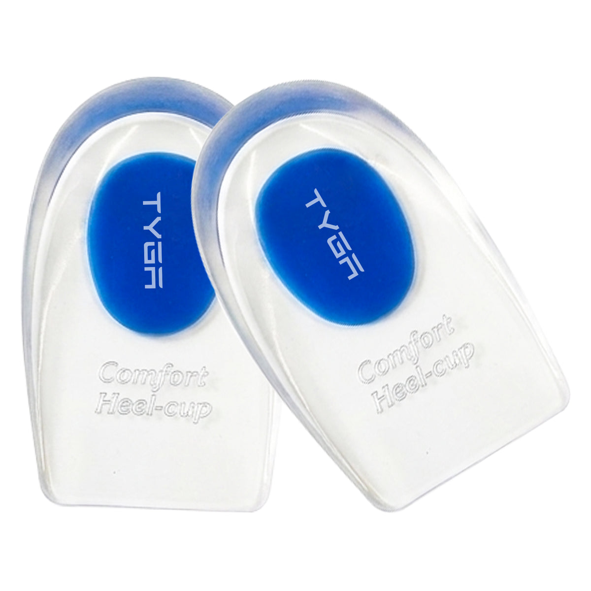 Blue silicone gel heel cup inserts, clear flexible cushions, 1 pair