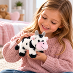 Black-and-white plush cow soft toy with pink nose, stuffed animal