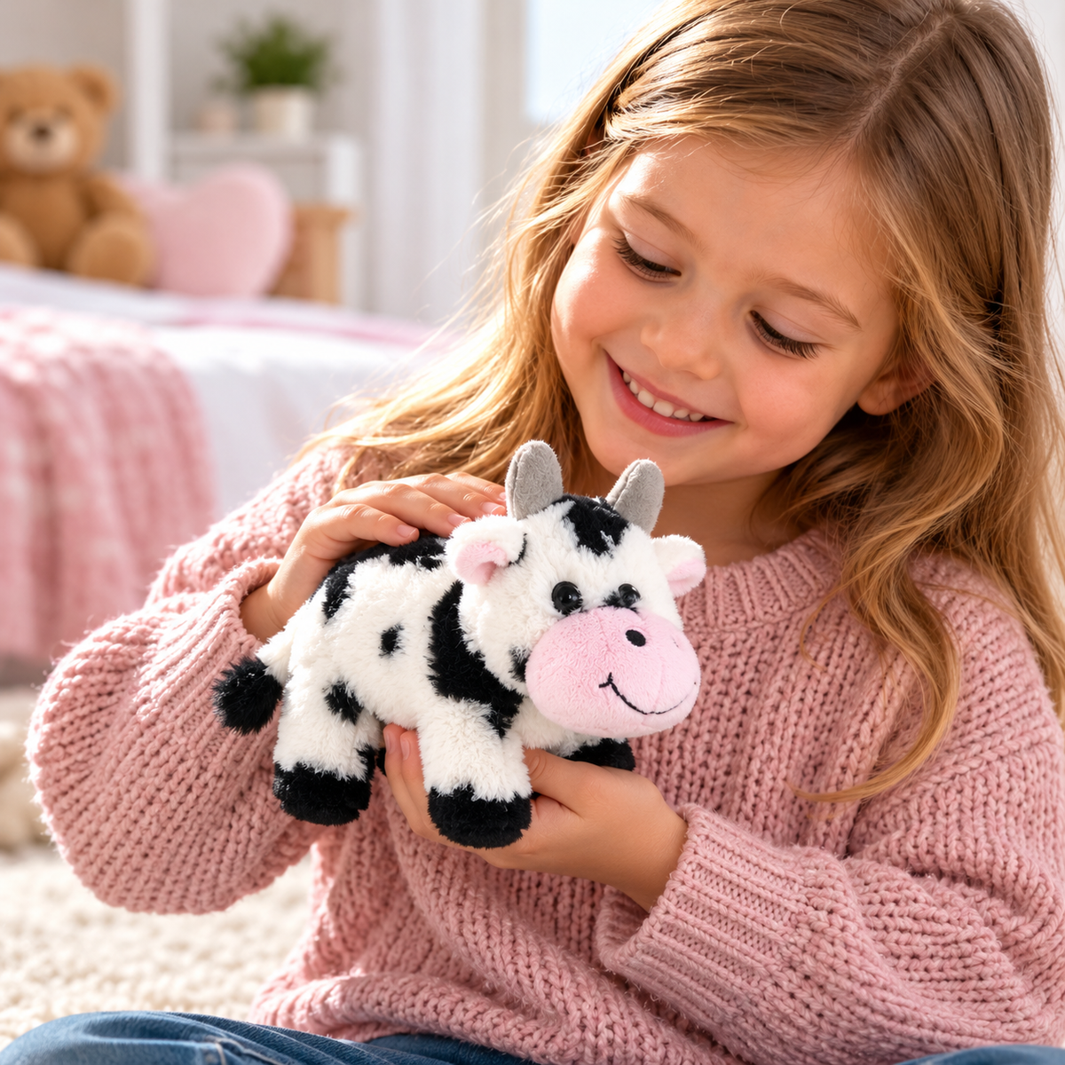 Black-and-white plush cow soft toy with pink nose, stuffed animal