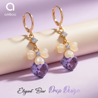 Gold Bow Drop Earrings, Purple Crystal Heart Cut Dangle, 1 Pair