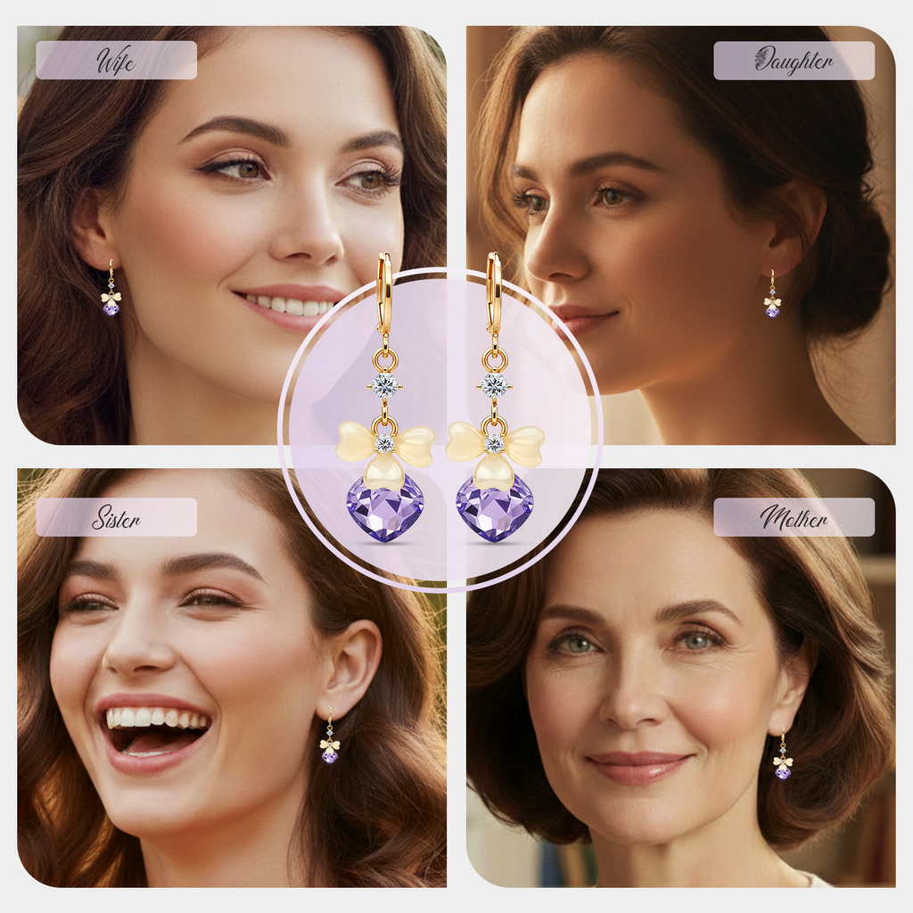 Gold Bow Drop Earrings, Purple Crystal Heart Cut Dangle, 1 Pair