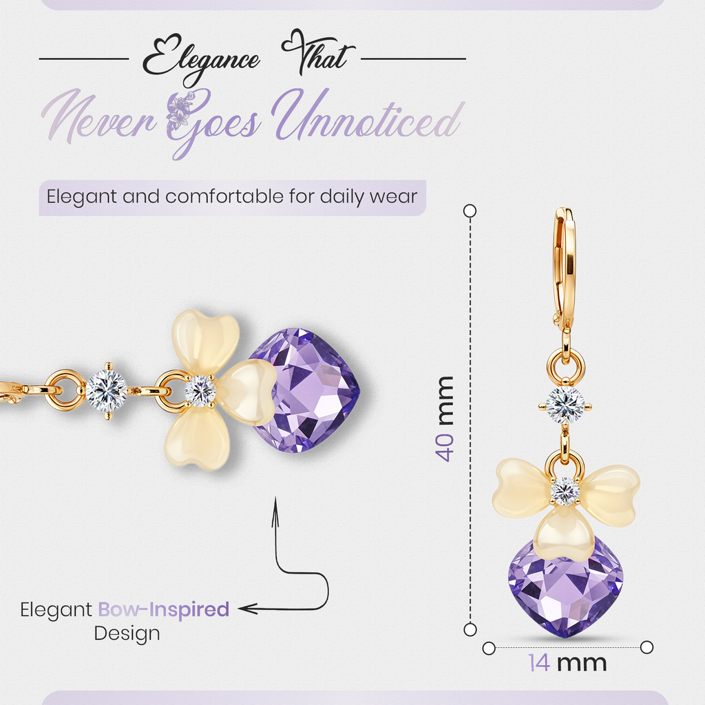 Gold Bow Drop Earrings, Purple Crystal Heart Cut Dangle, 1 Pair