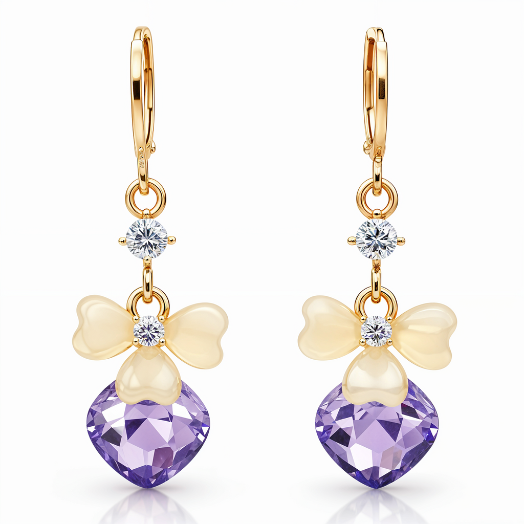 Gold Bow Drop Earrings, Purple Crystal Heart Cut Dangle, 1 Pair