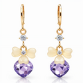 Gold Bow Drop Earrings, Purple Crystal Heart Cut Dangle, 1 Pair