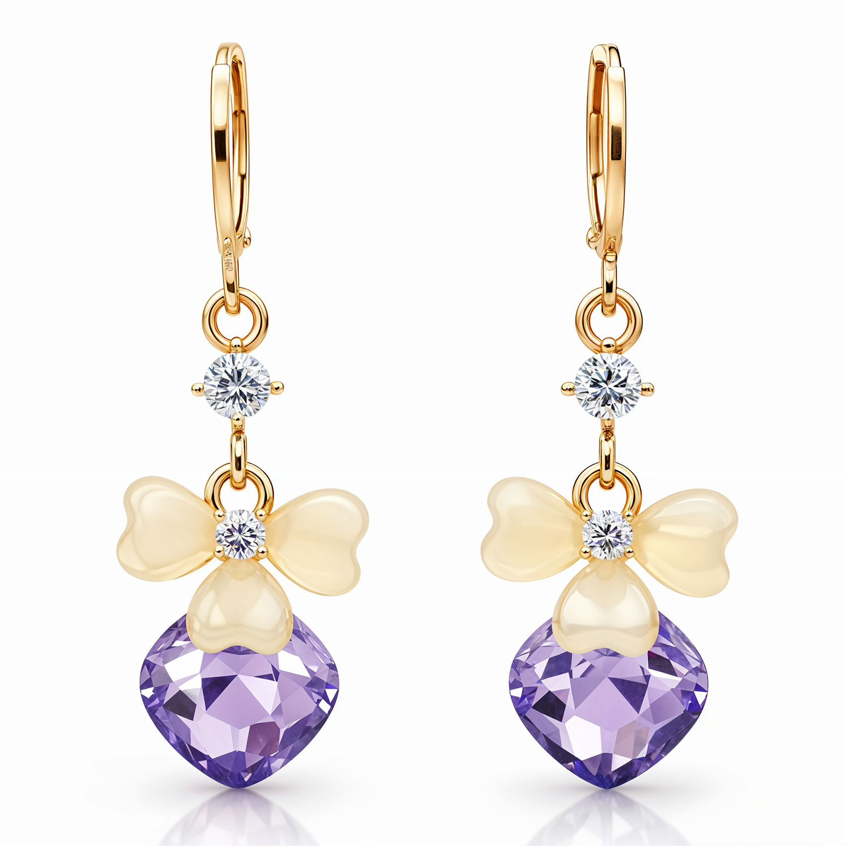 Gold Bow Drop Earrings, Purple Crystal Heart Cut Dangle, 1 Pair