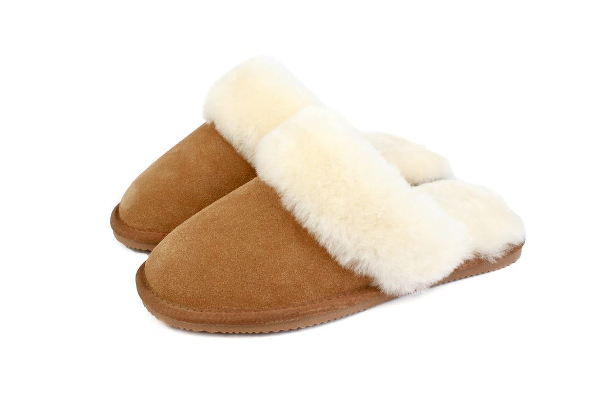Women’s chestnut suede mule slippers with plush trim and low EVA sole