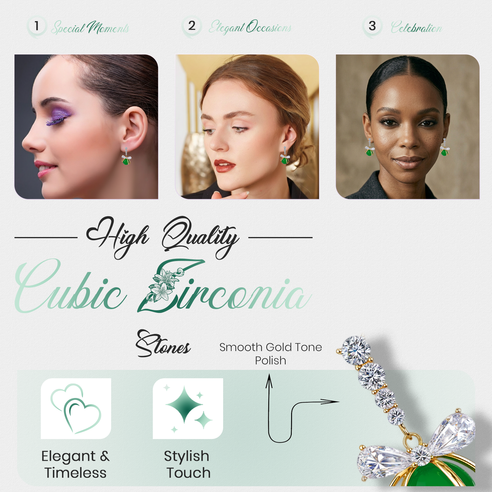 Green Cascade Earrings, Gold Tone Crystal Dangle, 1 Pair