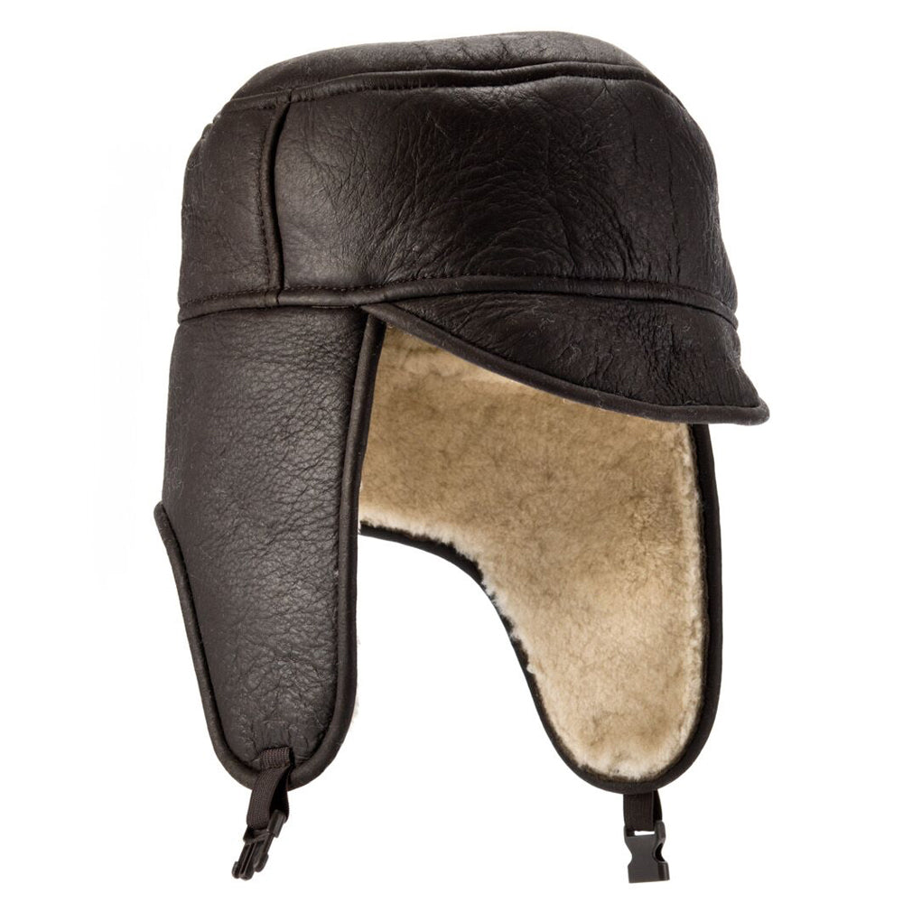 Brown sheepskin aviator hat with shearling ear flaps and chin strap, curved brim