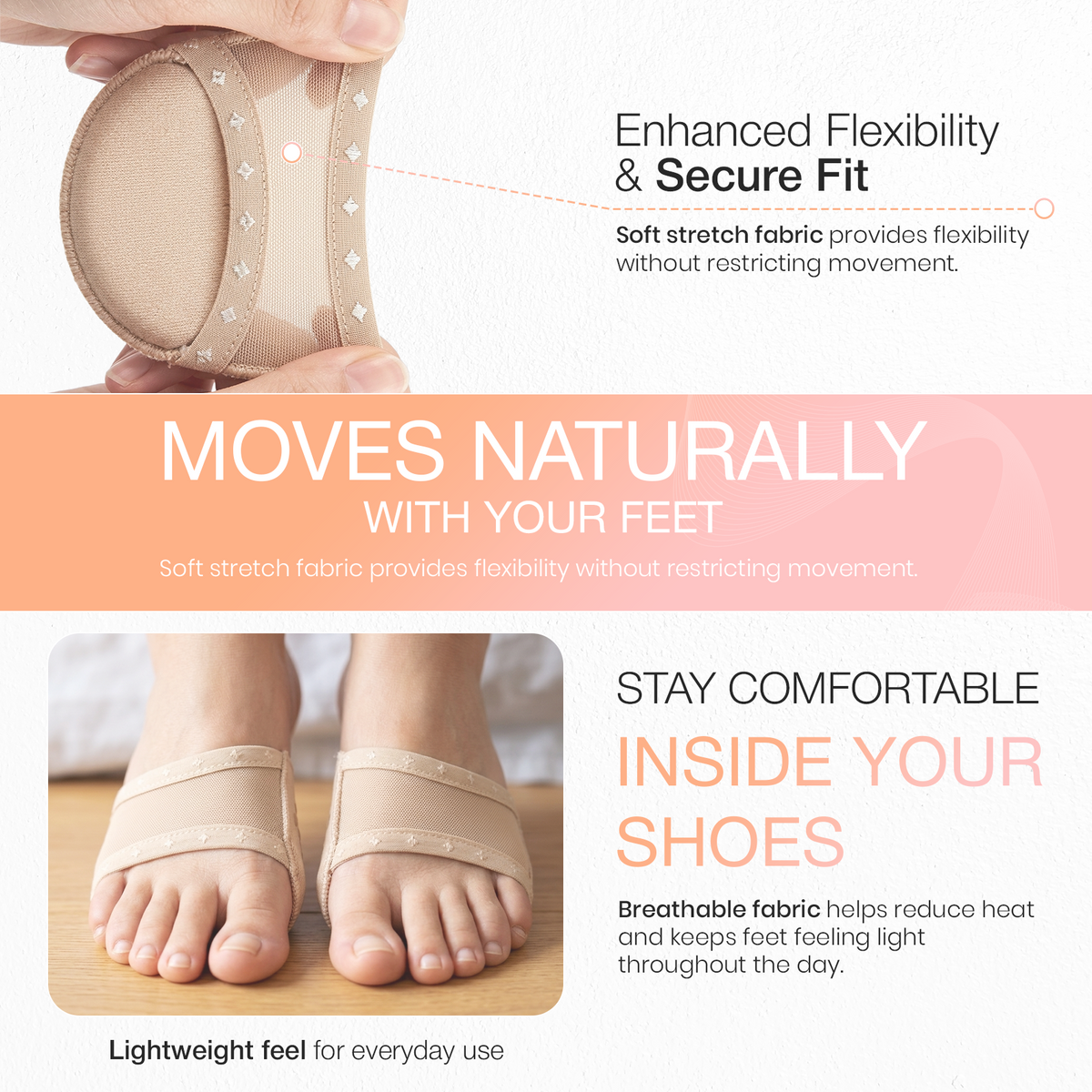 Forefoot Cushion Pads, Soft Sponge Metatarsal Support, 1 Pair