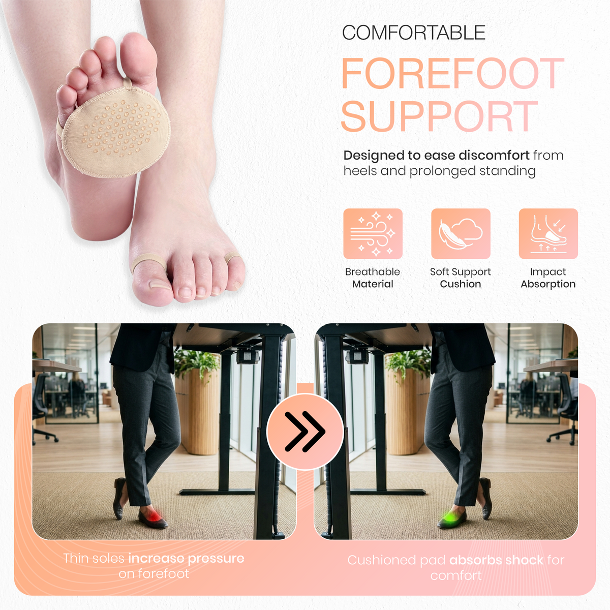 Forefoot Cushion Pads, Soft Sponge Half Insoles, 1 Pair
