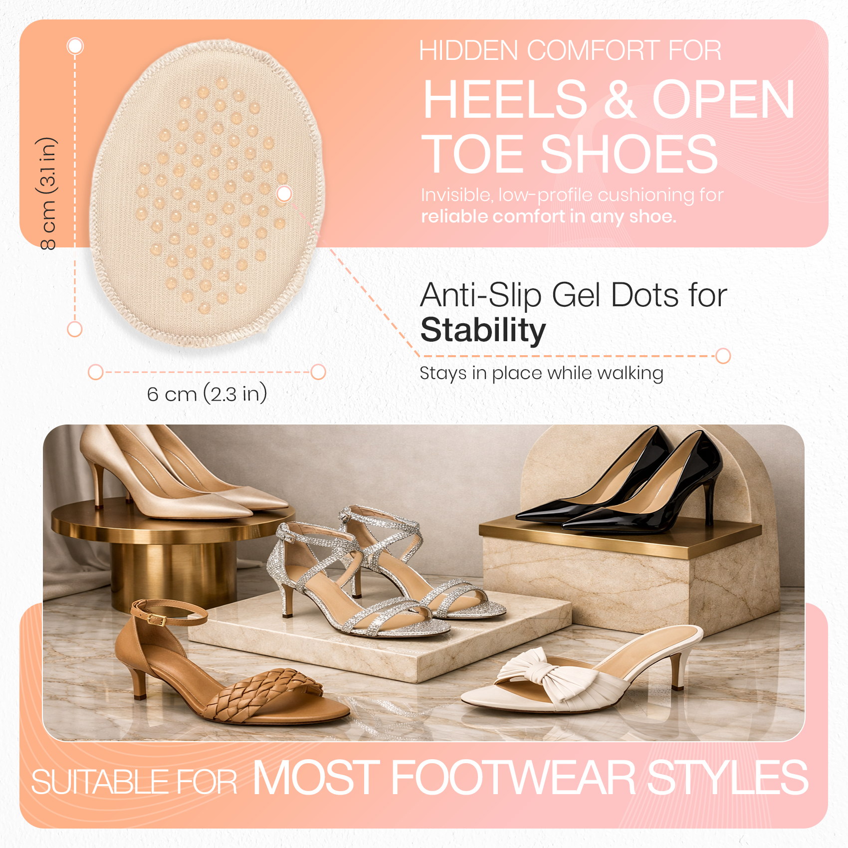Forefoot Cushion Pads, Soft Sponge Half Insoles, 1 Pair