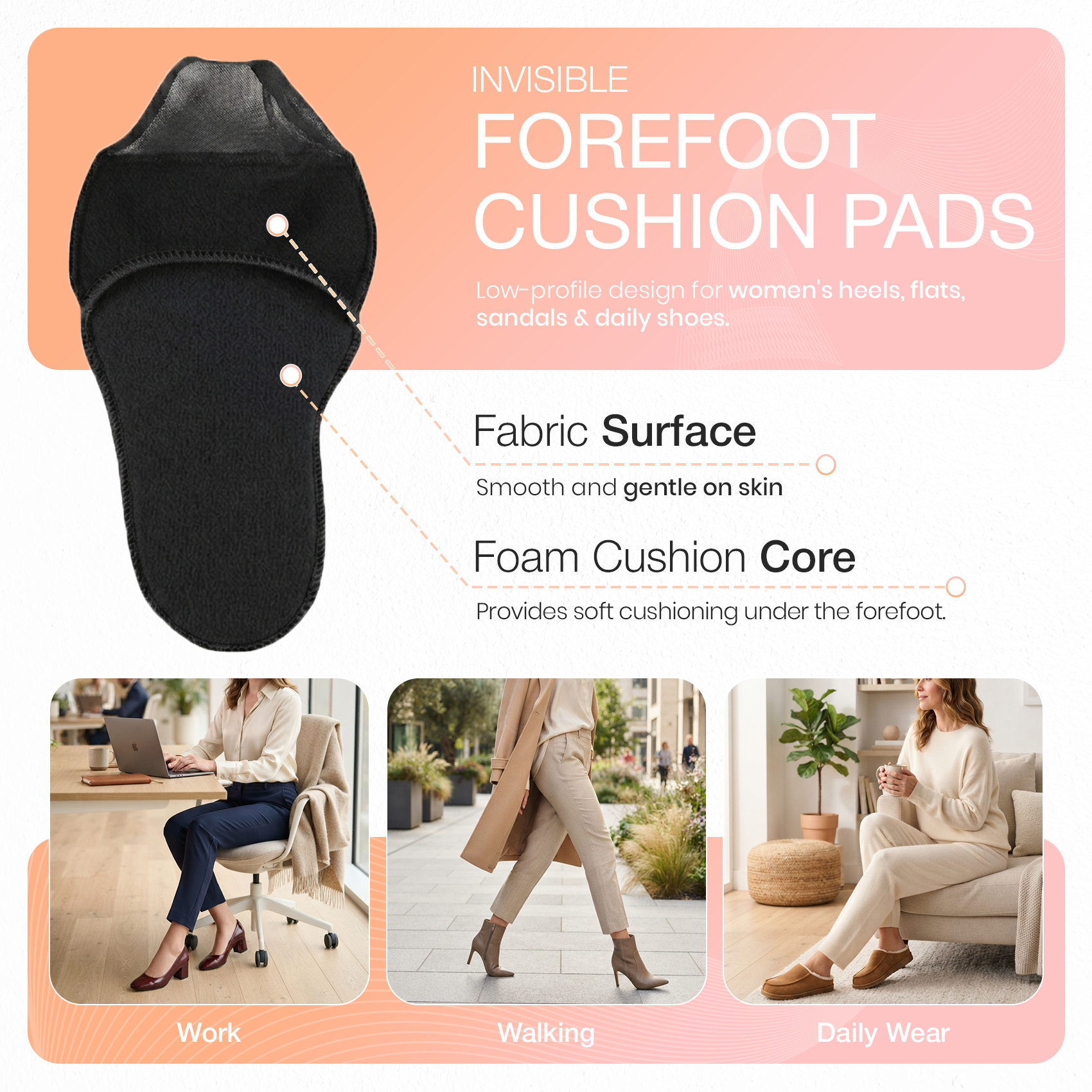 Forefoot Cushion Pads, Soft Sponge Metatarsal Inserts, 1 Pair