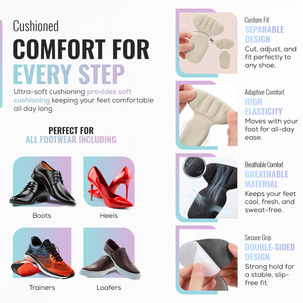 Ultra Soft Heel Pads, Anti Slip Cushion, Size Adjustment, 1 Pair