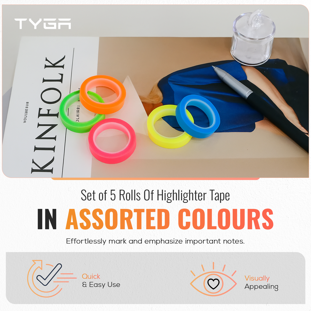 Transparent Highlighter Tape & Sticky Index Tabs, Removable Neon, Pack of 5